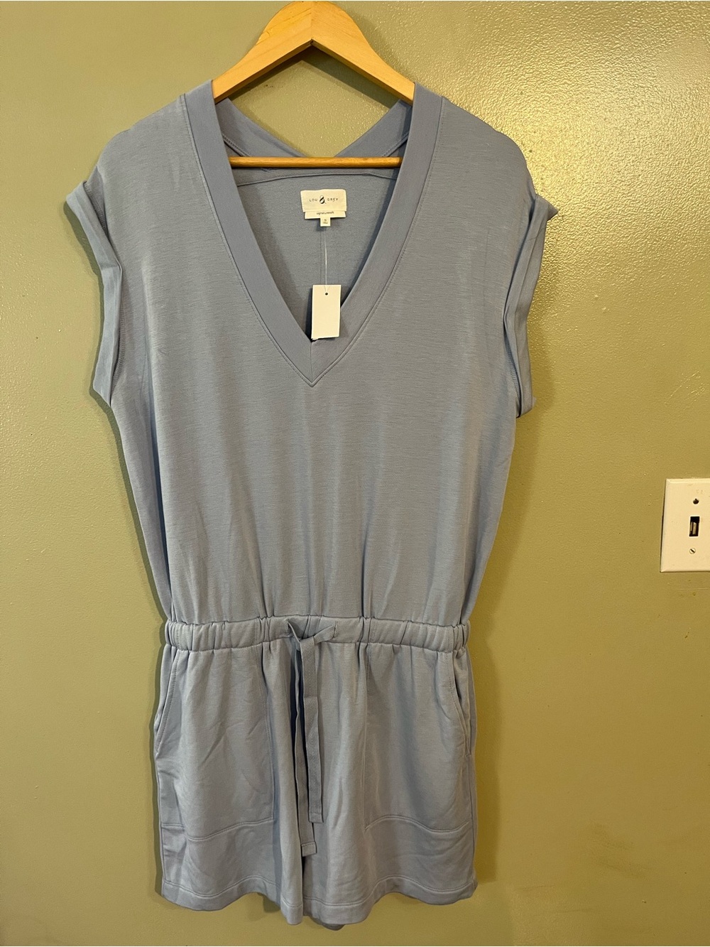 Lue & Gray Light Blue V-Neck Drawstring Romper Signature Soft S NWT